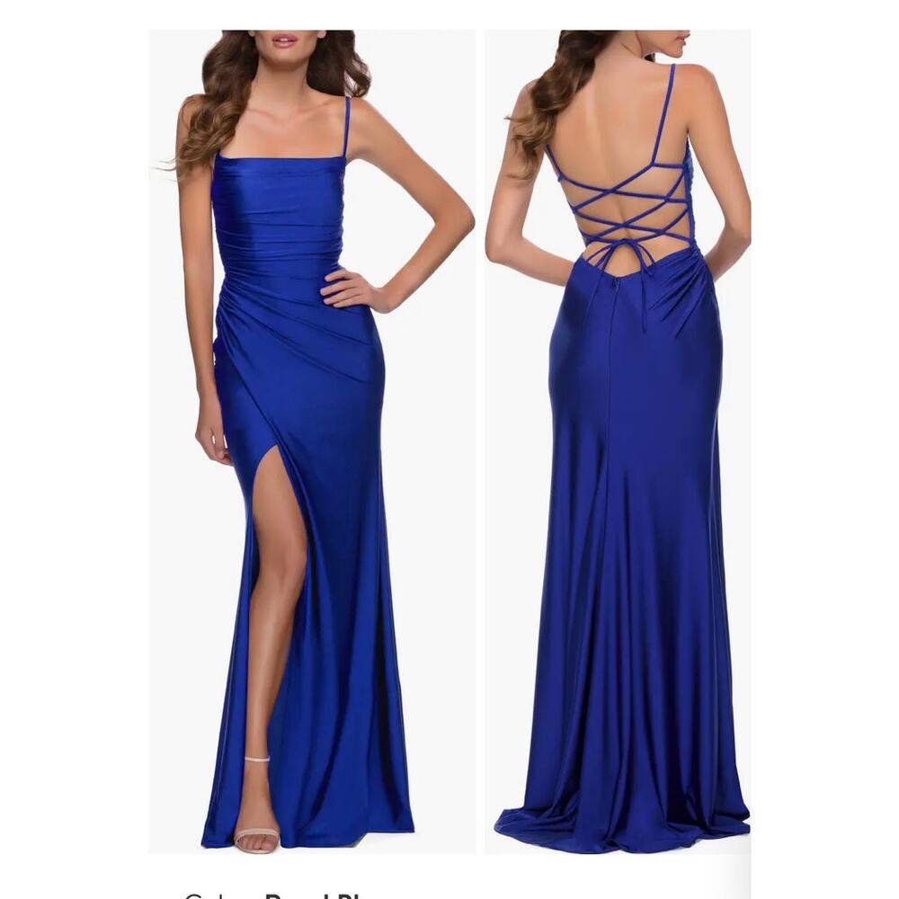 NEW La Femme 29710 Square Neck Shiny Jersey Gown High Slit Sz 2 Royal Blue